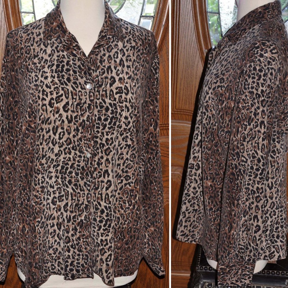 City Silk Woman's Leopard Print Long Sleeve Silk Blouse